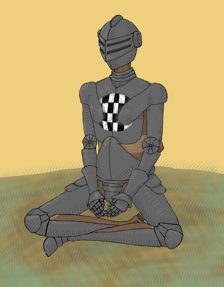 Knight armor with a circle on its chest-plate that contains a black and white checkered pattern.