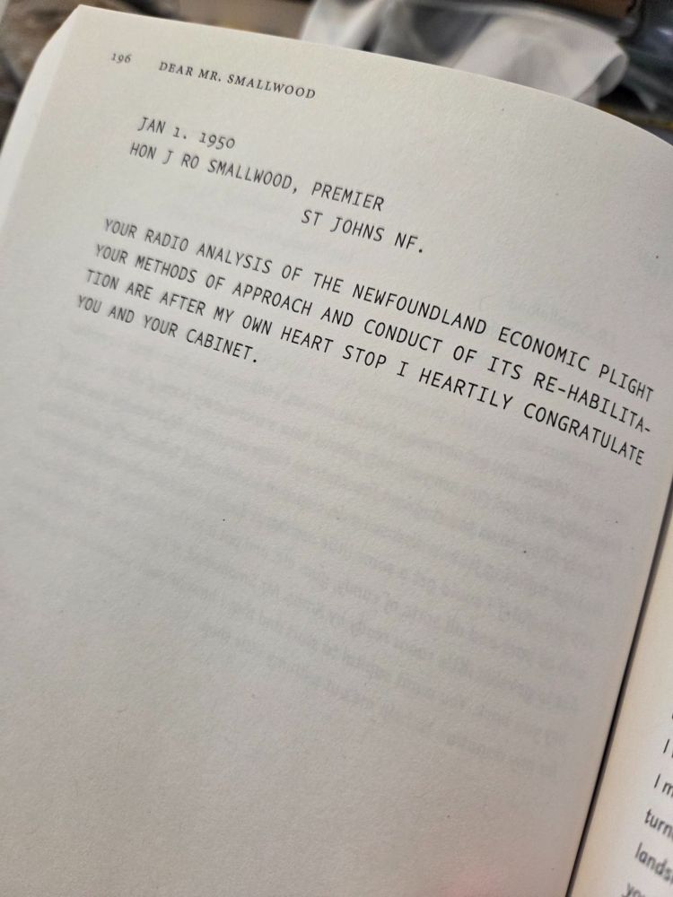 A page from a book featuring  a transcribed telegram congratulation Joey Smallwood on his economic analysis.