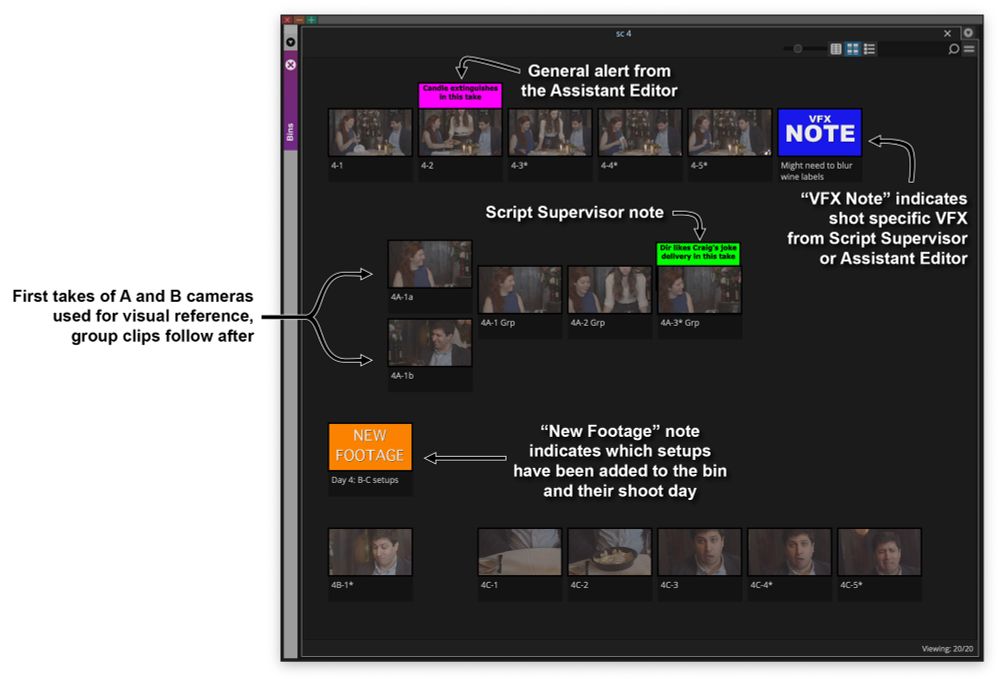 Avid Media Composer scene bin, annotated