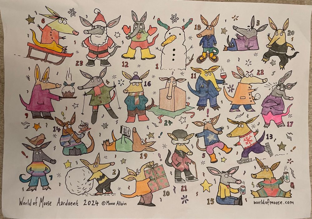 Aardvark advent calendar coloured in in pencil