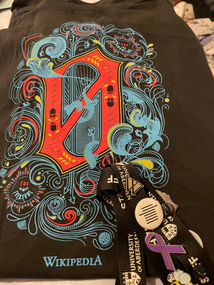 Wikipedia tee shirt in black with ornate blue and red letter. On top of the tee shirt is a lanyard with way too many pin badges on. The top most of which is a ‘W’ Wikipedia pin. 