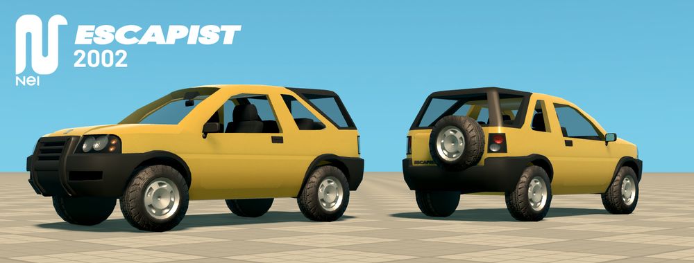 A preview of a yellow softback three-door SUV called the 2002 Nei Escapist, showing perspectives from the side and the back.