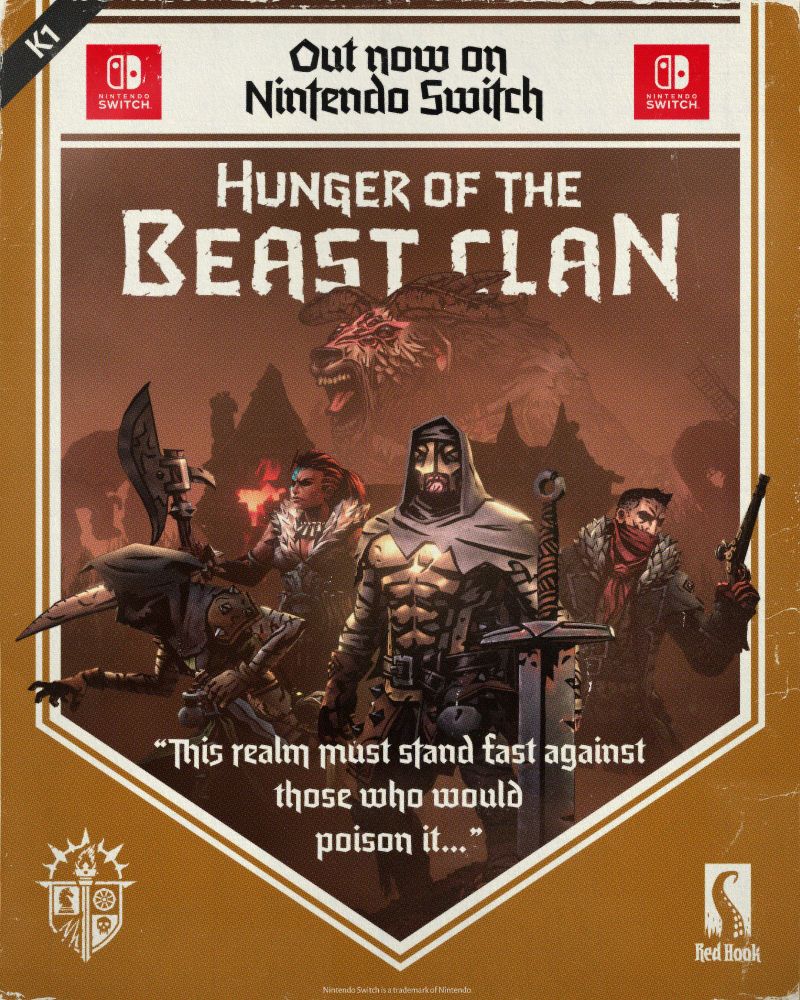 4 heroes from Darkest Dungeon II - The Leper, The Plague Doctor,  The Hellion and the Highwayman  - stand in front of a burning inn. A screaming goatman is seen in the sky above the inn. The image reads 'Out now on Nintendo Switch - Hunger of the Beast Clan"