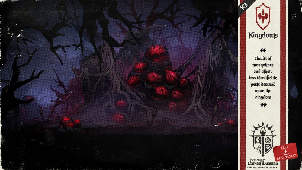 An ominous looking forest, full of gnarled and dying trees. There is a mist spreading along the ground. Place amongst the trees are several large red egg sacks, letting off an eerie red glow. Extremely large mosquitoes can be seen swarming in the mist. The image reads 'Clouds of mosquitoes and other, less identifiable pests descend upon the Kingdom'.
