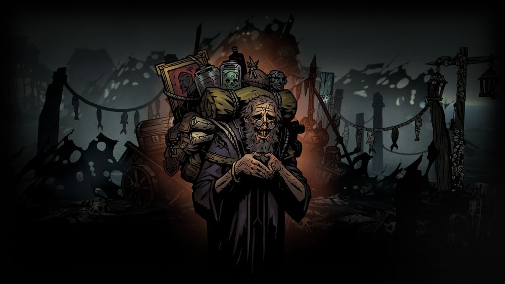 The Hoarder, an eccentric old man with a long grey beard, stands in the center of this image. He is balding, and wears a pair of round spectacles with cracked lenses. He grins in an unhinged manner. On his back is a bag with a large assortment of goods including a bedroll, scrolls, a painting and several jars, one of which contains a skull. 