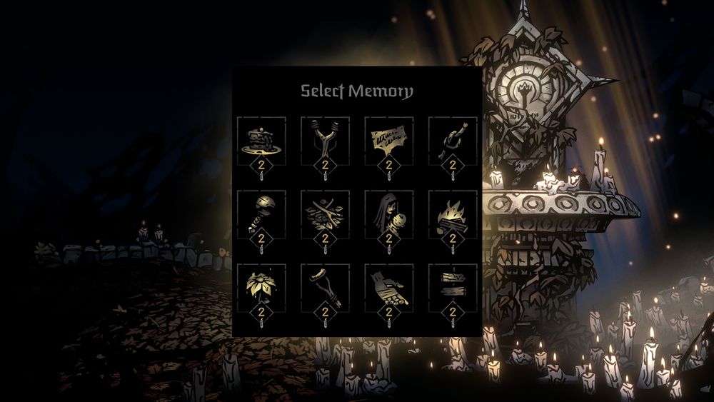 A black square grid sits in the center of the image. The top of the grid says "Select Memory'. Underneath this wording are 12 items laid out in a 4x3 grid. Each item has a golden hue, and represents a precious memory. Items represented include a slingshot, mother and child, and an outreached hand. Behind this grid is a stone altar covered in candles, bathed in golden light.