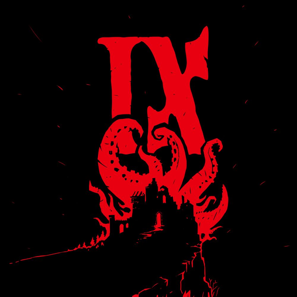 A stark image coloured only in black and red. The dark outline of a dilapidated mansion sits upon a hill. Red tentacles burst forth from it, reaching skyward. The roman numerals IX sit above the tentacles.