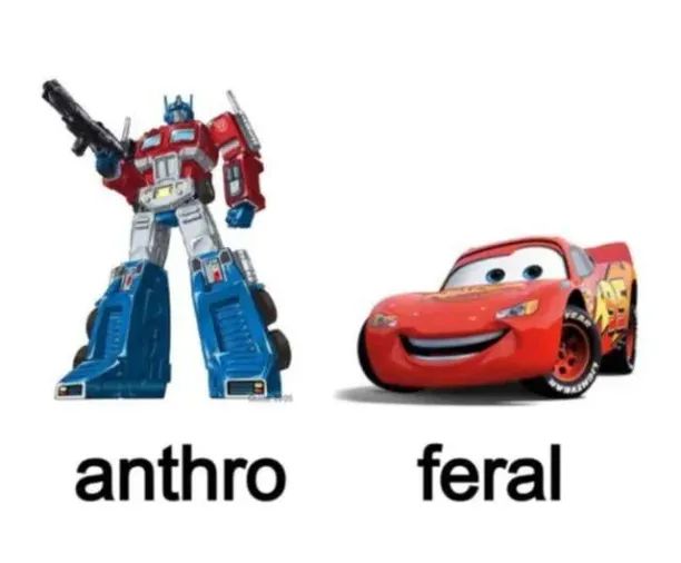picture of Optimus Prime captioned "anthro"
picture of Lightning McQueen captioned "feral"