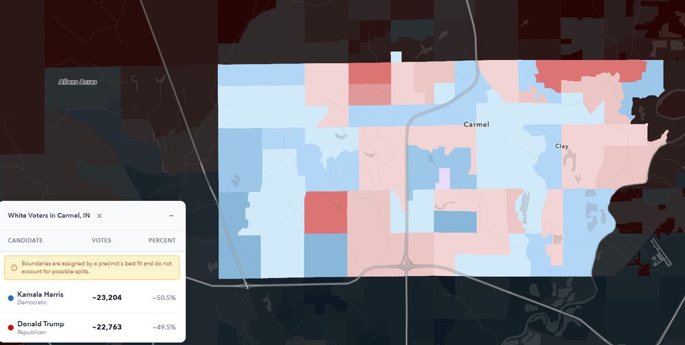 Exhibit B: An image of how white voters in Carmel, IN (an Indianapolis suburb) voted in 2024. Kamala won 50.5% of them.