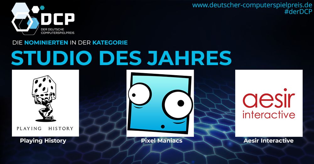 Eine Grafik mit Logos der drei Nominierten in der Kategorie "Studio des Jahres": Playing History, Pixel Maniacs und Aesir Interactive.