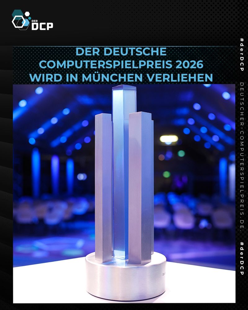 Bild der DCP-Trophäe mit der Überschrift: Der Deutsche Computerspielpreis 2026 wird in München verliehen