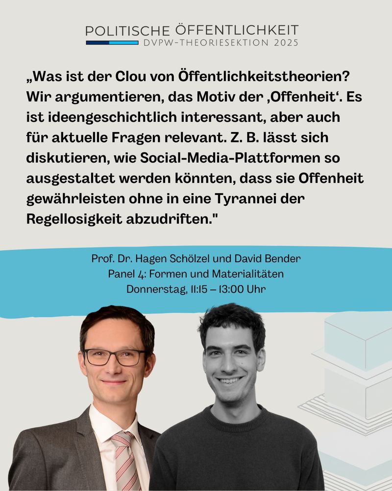„Was ist der Clou von Öffentlichkeitstheorien? Wir argumentieren, das Motiv der ‚Offenheit‘. Es ist ideengeschichtlich interessant, aber auch für aktuelle Fragen relevant. Z.B. lässt sich diskutieren, wie Social-Media-Plattformen so ausgestaltet werden könnten, dass sie Offenheit gewährleisten ohne in eine Tyrannei der Regellosigkeit abzudriften."
