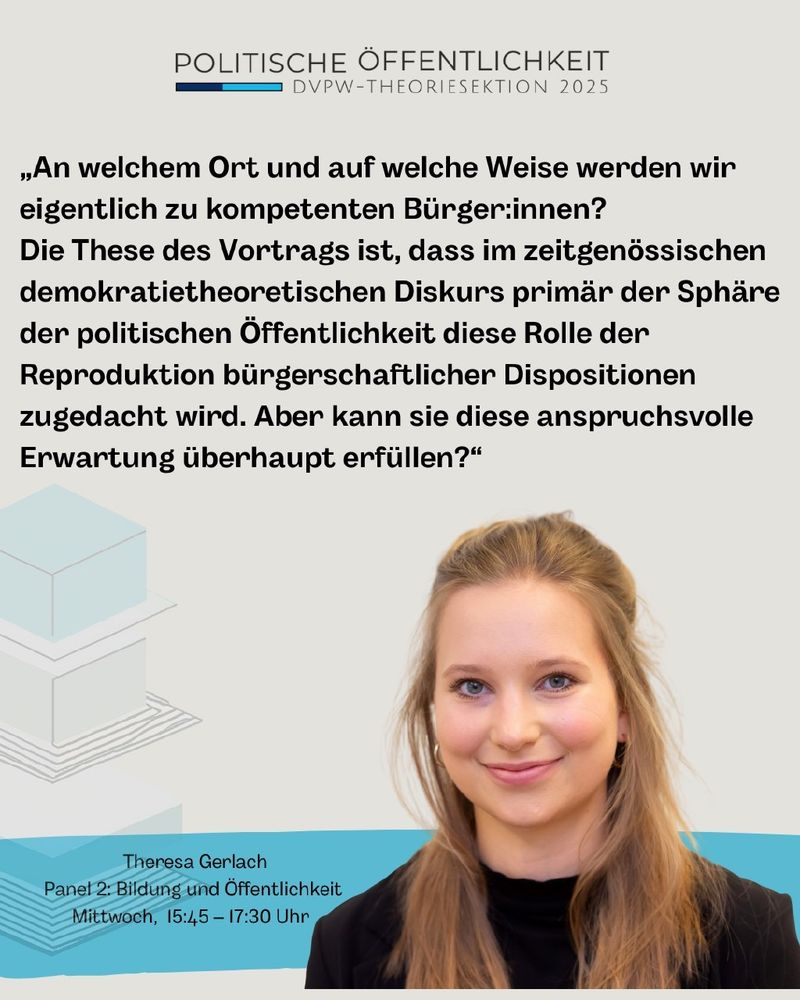 Der Text auf der Slide lautet: 


„An welchem Ort und auf welche Weise werden wir eigentlich zu kompetenten Bürger:innen? Die These des Vortrags ist, dass im zeitgenössischen demokratietheoretischen Diskurs primär der Sphäre der politischen Öffentlichkeit diese Rolle der Reproduktion bürgerschaftlicher Dispositionen zugedacht wird. Aber kann sie diese anspruchsvolle Erwartung überhaupt erfüllen?“

Darunter befindet sich ein Foto der Referentin (schwarzes Oberteil, blonde längere Haare, die teils zurückgebunden sind. 