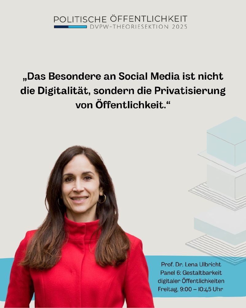 Der Text auf dem Bild lautet „Das Besondere an Social Media ist nicht die Digitalität, sondern die Privatisierung von Öffentlichkeit.“

Es ist wieder ein Foto der Referentin eingefügt - hellroter Mantel, lange Braune Haare. 