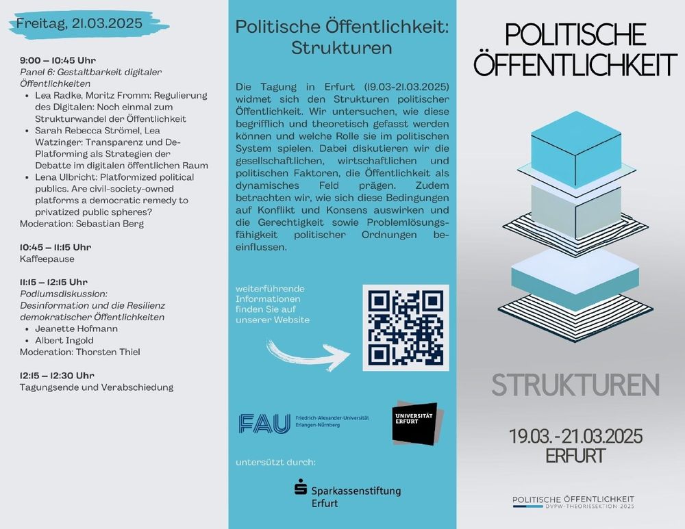 Tagungsflyer außen: Besteht aus dem schon vom Plakat bekannten Logo und ist in beige-hellblau gehalten. Außen befindet sich das Programm des letzten Tages (Freitag) sowie der Infotext zur Tagung (alles auch auf unserer Homepage abrufbar). 