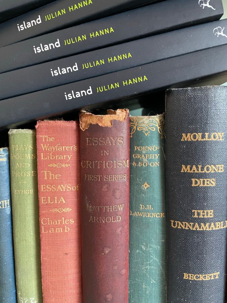 Copies of Island stacked atop the spines of older books