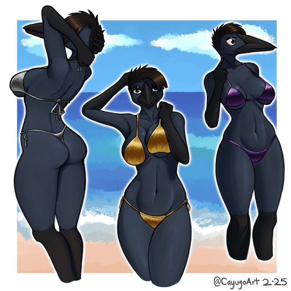 Anthropomorphic crow woman named Connie wearing metallic bikinis in three poses. 