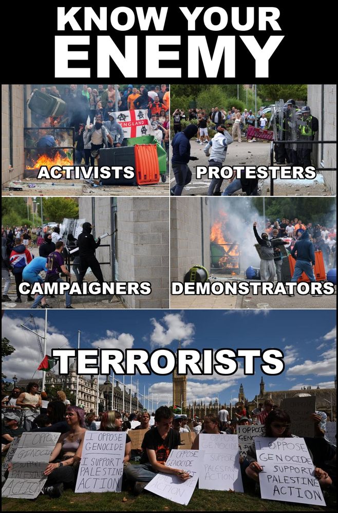 KNOW YOUR ENEMY poster, highlighting the differences between activists, protesters, campaigners & demonstrators, the former easily recognised by throwing burning bins, attacking the police, trying to force entry to refugee accomodation, and setting fire to said accomodation; and terrorist scum, sitting quietly on the grass while brazenly holding their disgusting placards professing solidarity with a captive population being bombed, shot, starved and slaughtered by the thousands.