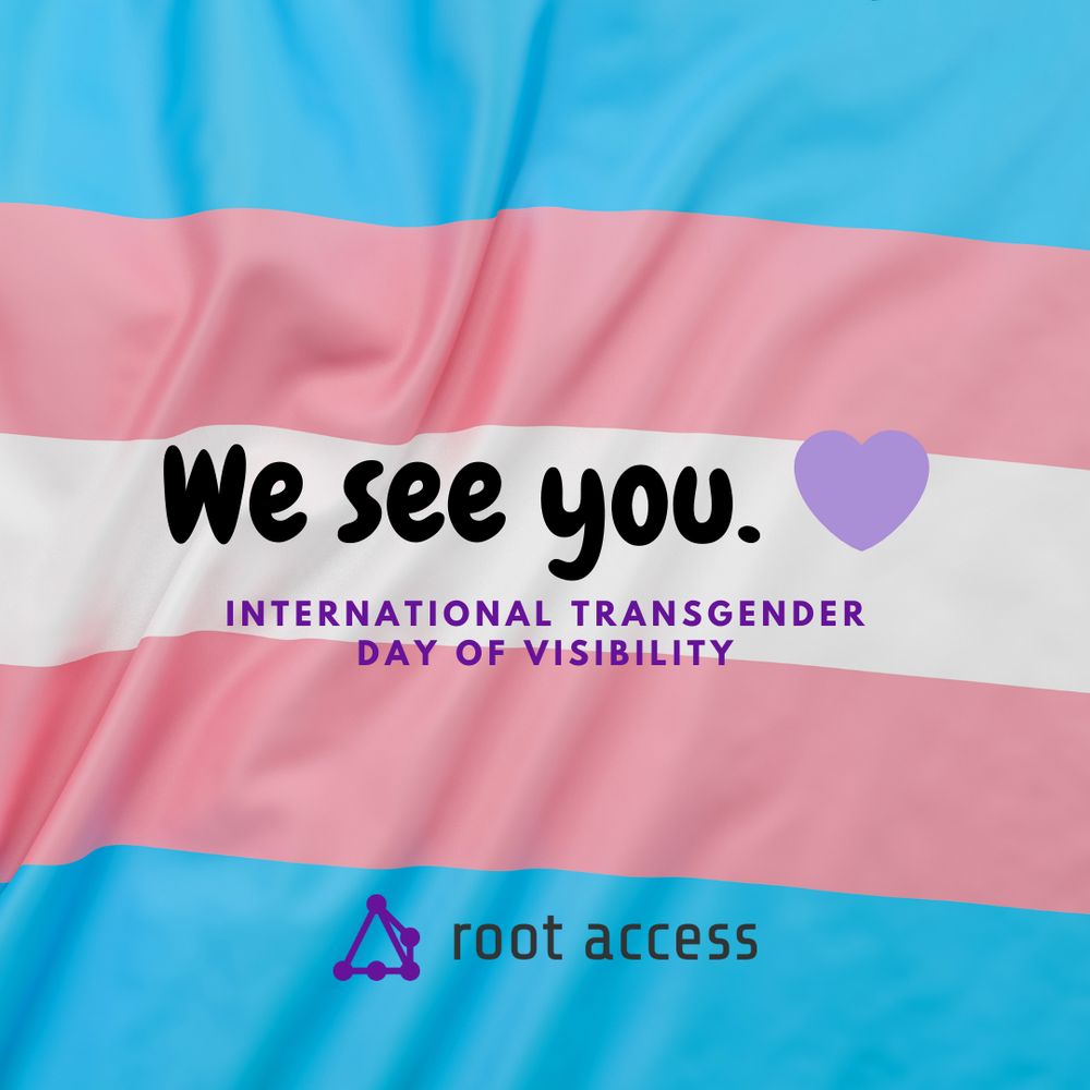 A graphic with the trans flag in the background. The first line of text reads, "We see you. 💜" The second line reads, "International Transgender Day of Visibility". At the bottom is the Root Access logo.