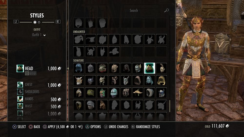 A screenshot from The Elder Scrolls Online, depicting the outfit station menu. Most of the screen is taken up by the menu, but off to the side is my character Tunille in the Dibella's Exaltation outfit style.