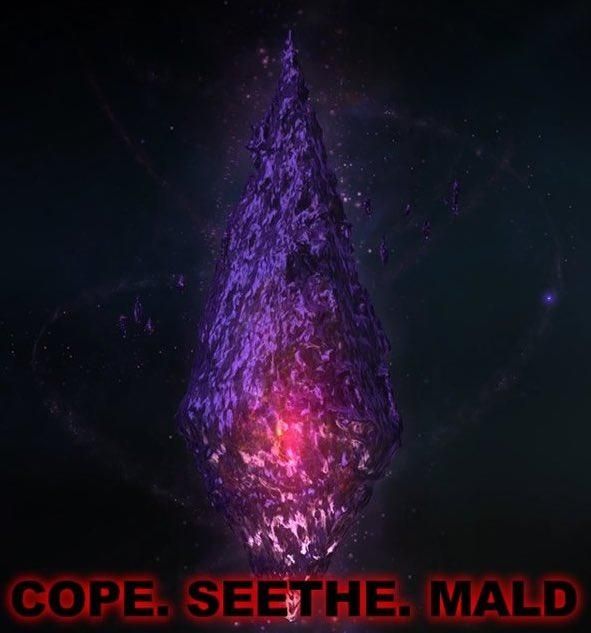 An image of the purple crystal, Zodiark, from Final Fantasy 14 with the words "Cope. Seethe. Mald." at the bottom.