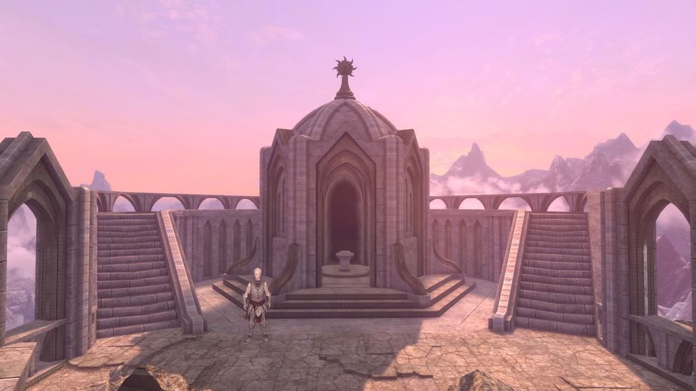 A screenshot of the final wayshrine of the Forgotten Vale in the pale pinks and purples of dawn. Gelebor, the last known snow elf, stands before it.