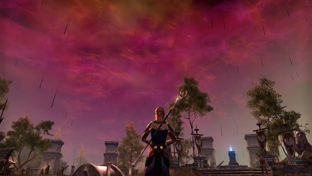 A screenshot of Cyrodiil from eso; the sky is a stormy pinkish color and it seems to be raining ink.