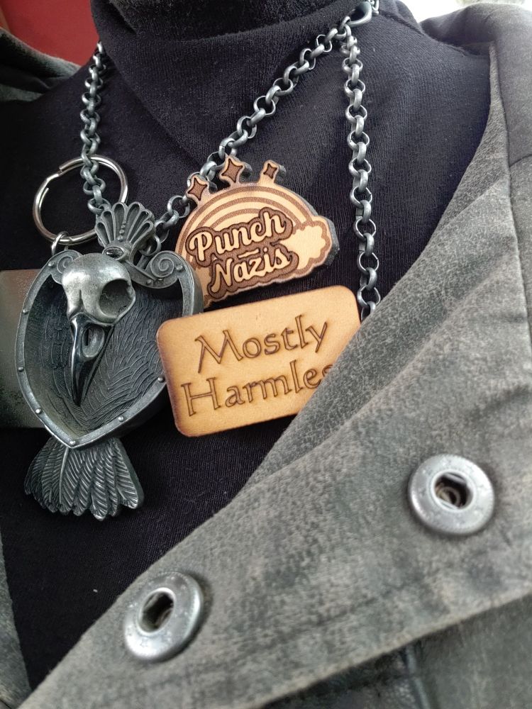 A close up of my new leather pins. The top one is shaped like a rainbow with three stars on top and the text "Punch Nazis" burnt into it.

The bottom one is a simple rectangle that says "Mostly Harmless".