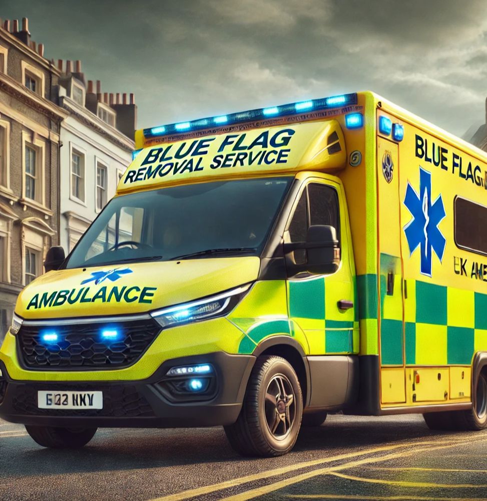 AI image of a London style ambulance with "BLUE FLAG REMOVAL SERVICE" markings above its windscreen