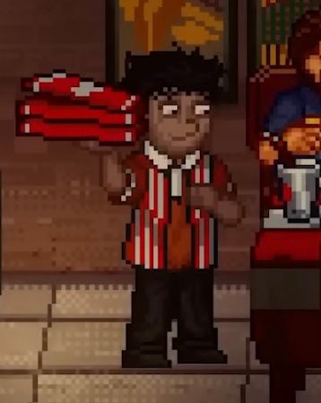 Jeff Into The Pit in the True Ending, holding pizza boxes and smiling while talking to Oswald and his family