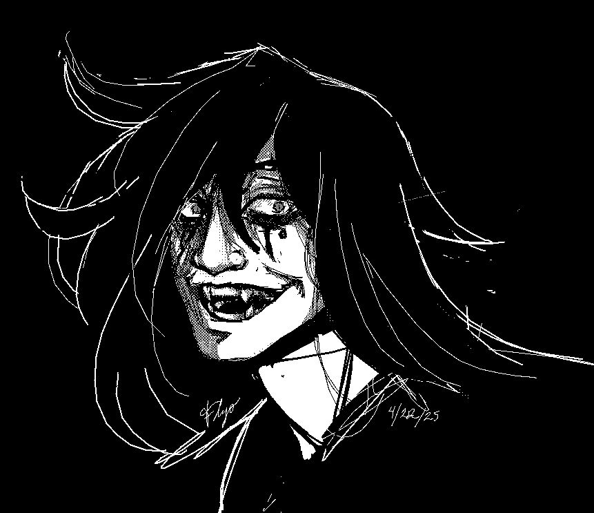 A digital 1-bit portrait of a woman, Chris, looking at viewer with an unhinged smile. She is baring her fangs as she stares. 