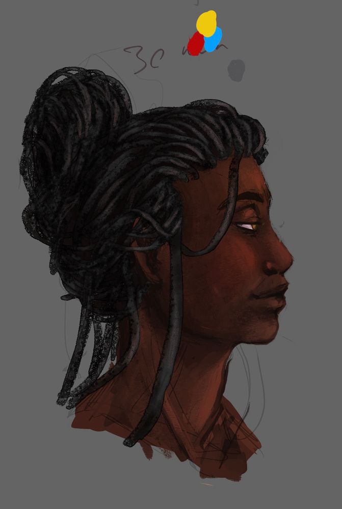 Digital Portrait of a character, Cassidy Ramiro, facing the left. She has a lidded expression with a small smile. Her locs are fashioned in a high bun. 