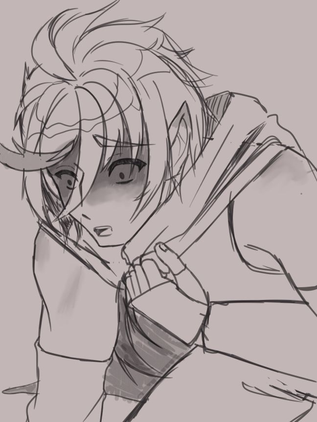 Sketch of a half elf on his knees hand on the ground the other clutching his chest. His pupils are small in a panic shadow over his face