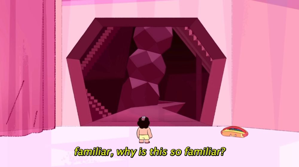 screencap from the steven universe episode “familiar”. it’s the scene where steven sings the song “familiar” in pink diamond’s old bedroom. steven is loooking up at an entrance in the wall that has some hidden alien machinery and a passageway in it. the walls around steven are light pink while the insides of it — the machinery and passageway — are a far darker pink. the subtitles read: “familiar, why is this so familiar?”