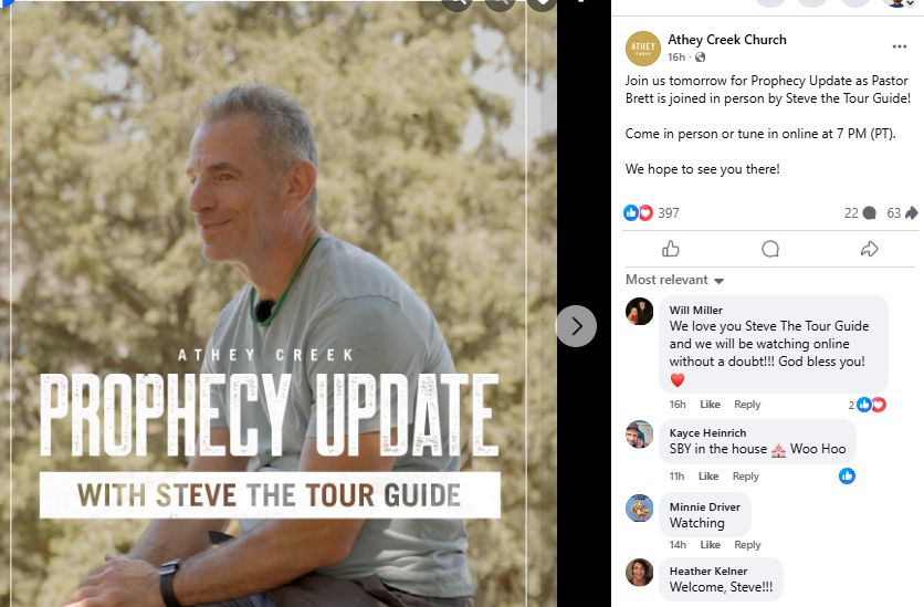 Gray haired white man. Athey Creek Prophecy Update with Steve the Tour Guide.