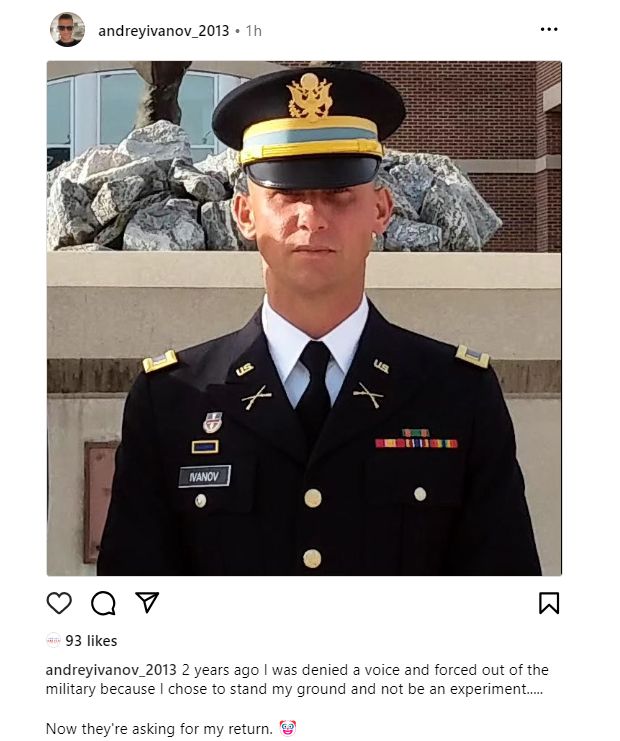 Andrey Ivanov in military uniform. Text: 2 years ago I was denied a voice and forced out of the military because I chose to stand my ground and not be an experiment... Now they're asking for my return. Clown face