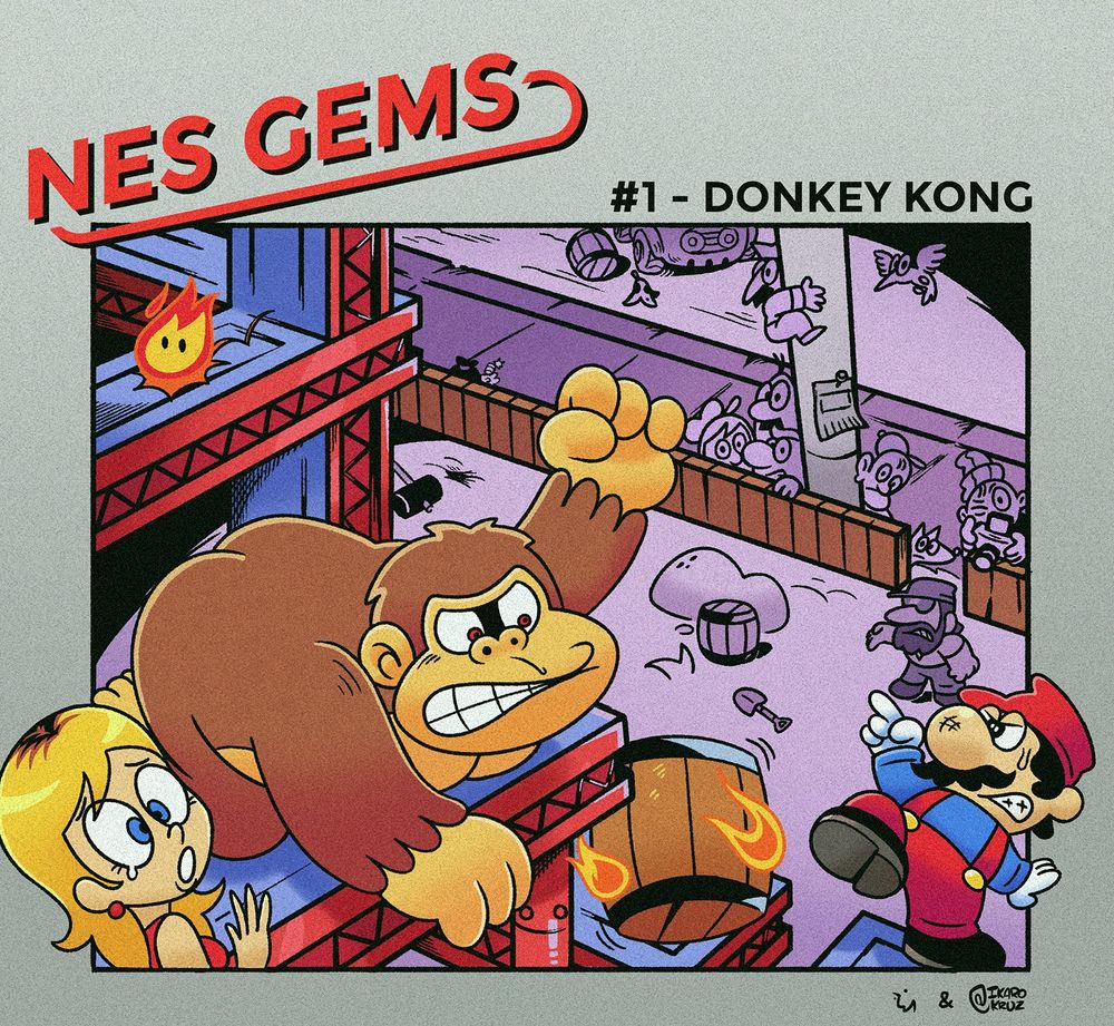 The image shows the characters Donkey Kong, Pauline and Mario (Jumpman). They're located in a construction structure. Donkey Kong engages in combat against Mario throwing a barrel with fire. They're being observed by passersby on the street, and Foreman Spike on the ground level of the construction set.