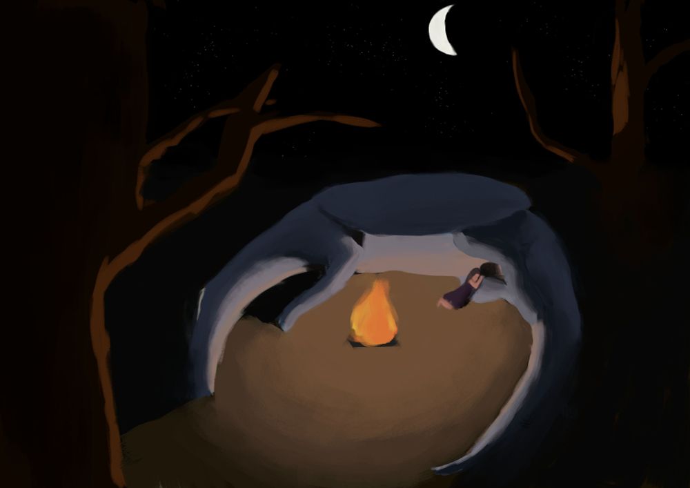 A dragon and a woman sleeping around a campfire under the moon.