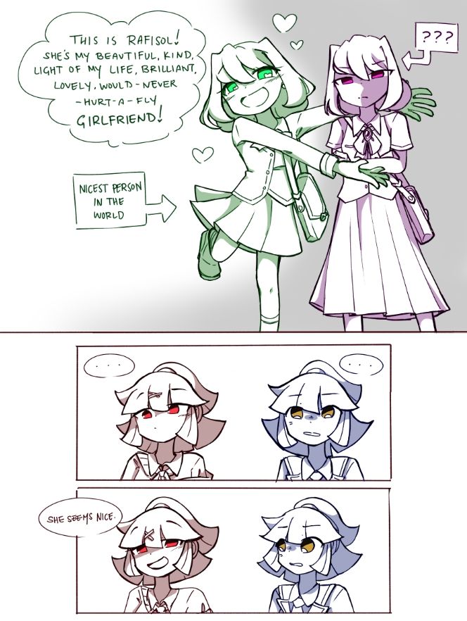 A three-panel comic. Panel 1: Ally stands with a flourish next to Rafisol, her arms around her like she is showing her off. Rafisol still stands with crossed arms and a glare. Dialogue(from Ally) reads: "This is Rafisol! She's my beautiful, kind, love of my life, brilliant, lovely, would-never-hurt-a-fly girlfriend!" "Girlfriend" is bolded. There is a box with an arrow pointing to Ally labeled "nicest person in the world", and another box with an arrow pointing to Rafisol labeled "???". Panel 2-3: Doppel and Arle stand in silence. Doppel looks at Ally and Rafisol with bemused surprise; Arle looks at Ally and Rafisol with mouth agape and a slight grimace. Doppel smirks and Arle turns to her. Dialogue(from Doppel) reads: "She seems nice." 