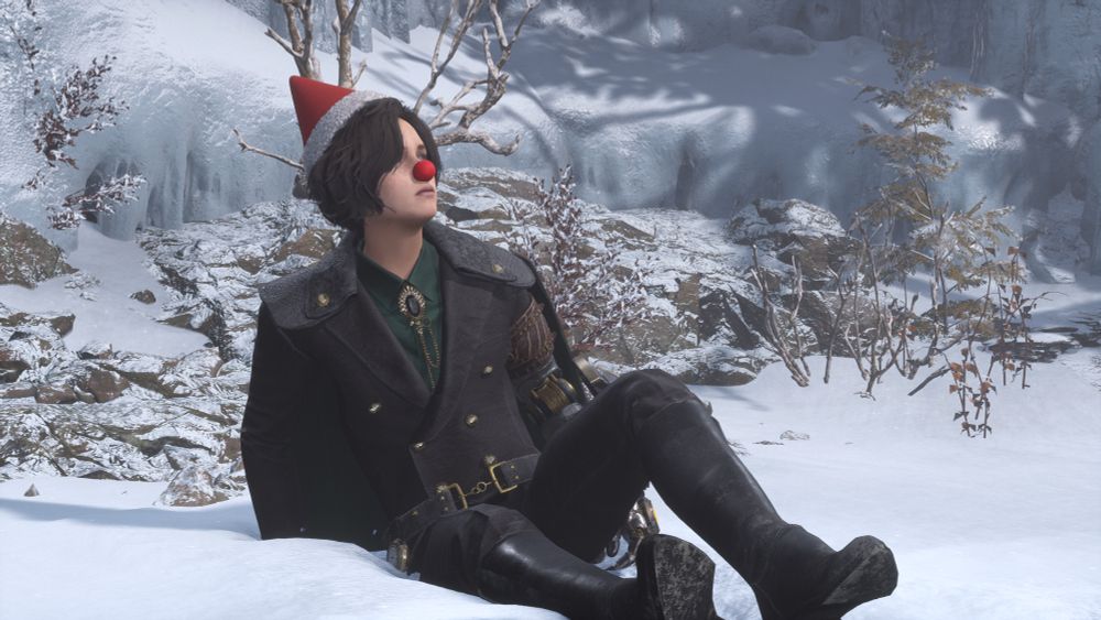 P from Lies of P waking up in the snow wearing  a Santa hat and a red nose