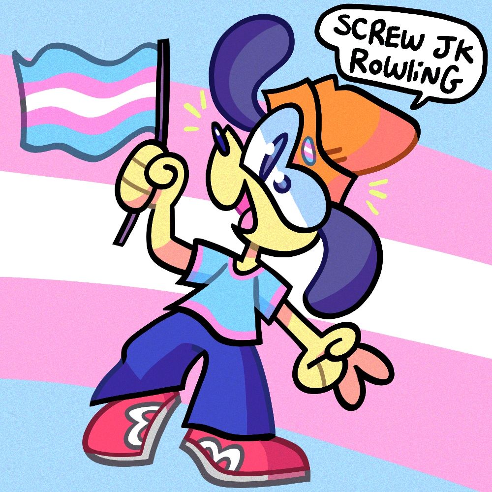 Digital art of playstation character Parappa the Rapper with a transgender pride flag