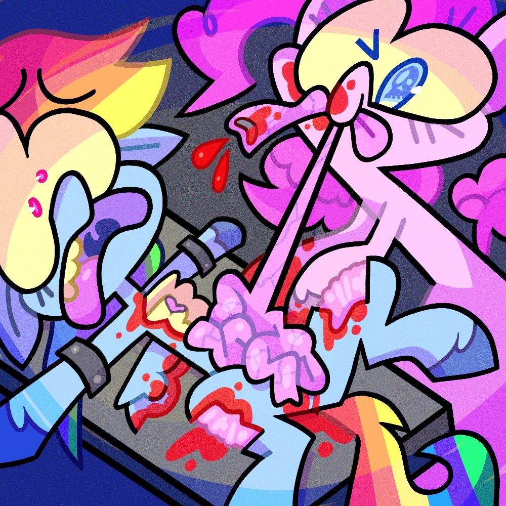 digital art of Rainbow Dash and Pinkie Pie from My Little Pony in the creepypasta 'cupcakes'. drawn with candy gore elements. 