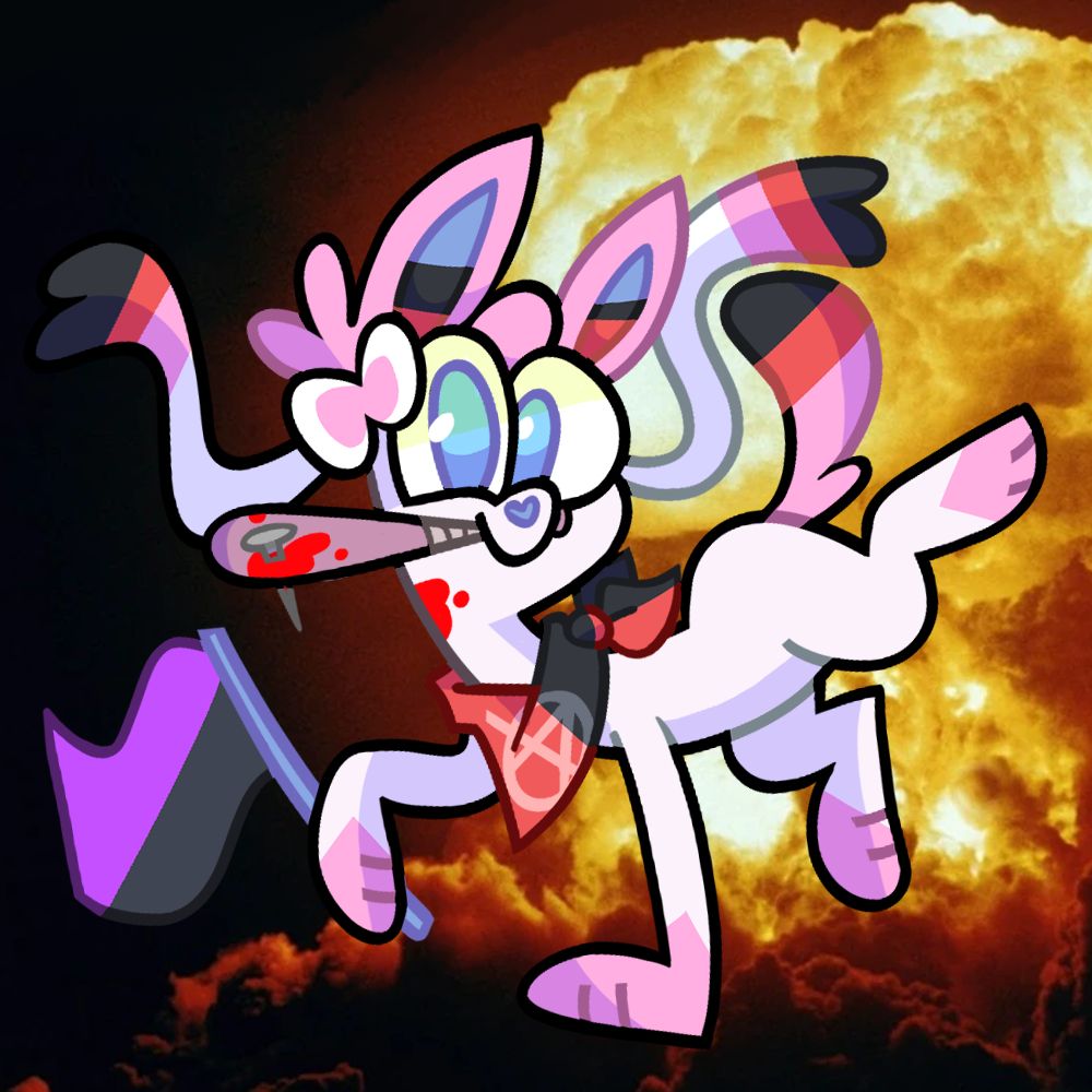 digital art of Sylveon from Pokemon with a queer anarchy flag