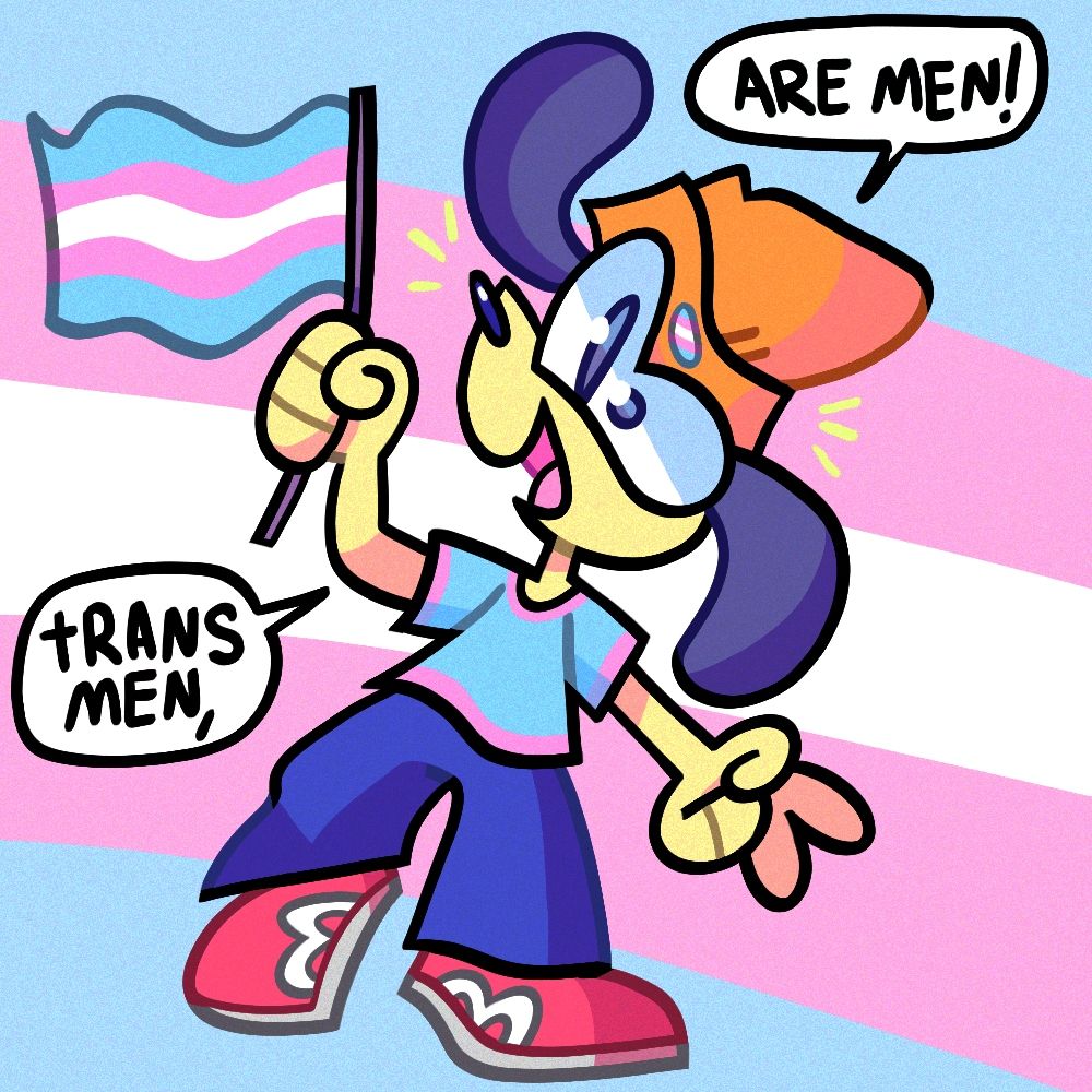 Digital art of playstation character Parappa the Rapper with a transgender pride flag