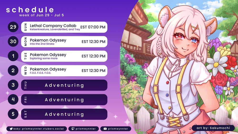 Sunday 7PM EST: Lethal Company Collab
Monday 12:30PM EST: Pokemon Odyssey
Tuesday 12:30PM EST: Pokemon Odyssey
Wednesday 12:30PM EST: Pokemon Odyssey