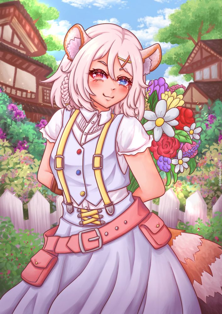 A red panda vtuber stands in front of a flower bed holding a large bouquet of flower behind her back 