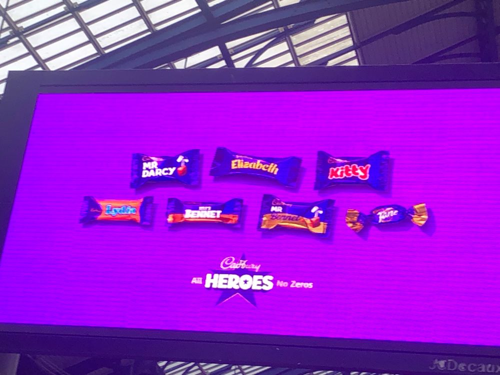 An advert for Heroes chocolates has chocolates labelled “mr darcy”, “Elizabeth”
“Jane” “Kitty””Lydia” “Mrs Bennett”
“Mr Bennett” but not Mary Bennett
