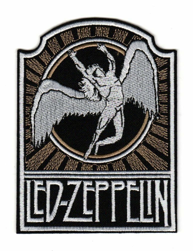 Machine-embroidered Led Zeppelin patch featuring a white Swan Song Records Icarus logo with black outline silhouetted against a black, tan & white stylized sun.