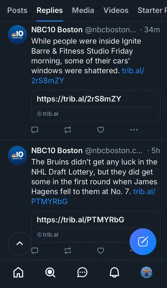 Screenshot from NBC 10 Boston’s home feed, showing 2 posts that only contain text, over a box with no preview image, just a trib.al link to the story.