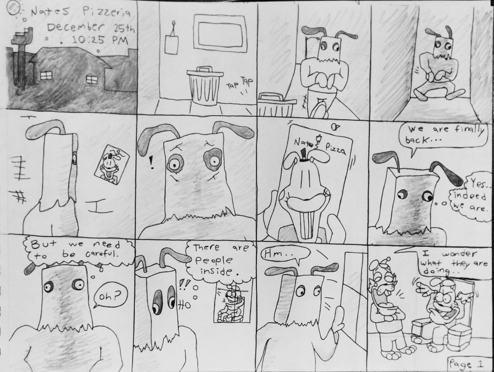 -Nates Pizzeria December 25th 10:25 PM

-*Tap Tap*

-"Nates Pizza"

-We are finally back...
-Yes.. indeed we are.

-But we need to be careful.
-Oh? 

-There are people inside.

-Hm..

-I wonder what they are doing..

-page 1-